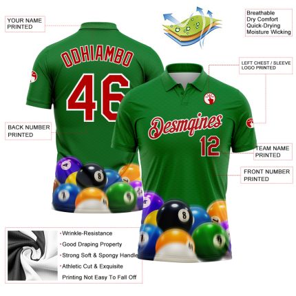 Custom Name Number 3D Pattern Billiards Polo Shirt in Kelly Green Red-White, Performance Short Sleeve Team Apparel Personalized
