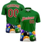 Custom Name Number 3D Pattern Billiards Polo Shirt in Kelly Green Red-White, Performance Short Sleeve Team Apparel Personalized