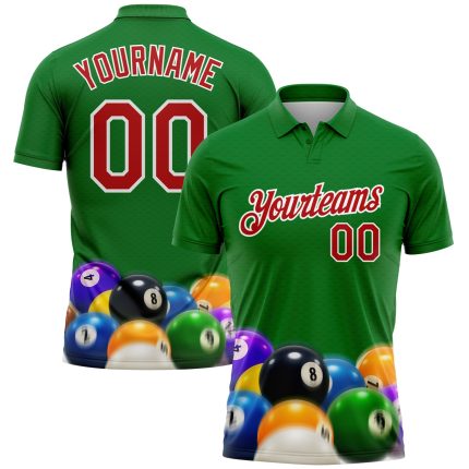 Custom Name Number 3D Pattern Billiards Polo Shirt in Kelly Green Red-White, Performance Short Sleeve Team Apparel Personalized