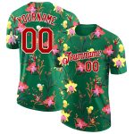 Custom Name and Number Performance T-Shirt - 3D Pattern Design Flowers in Kelly Green Red-White Personalized Kelly Green