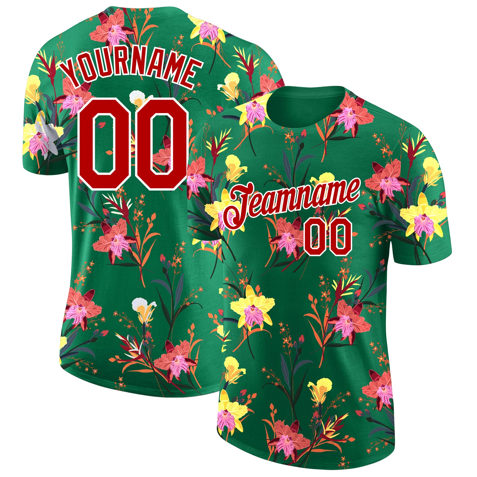 Custom Name and Number Performance T-Shirt - 3D Pattern Design Flowers in Kelly Green Red-White Personalized Kelly Green