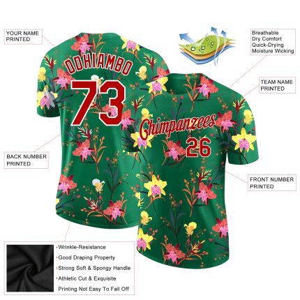 Custom Name and Number Performance T-Shirt - 3D Pattern Design Flowers in Kelly Green Red-White Personalized Kelly Green