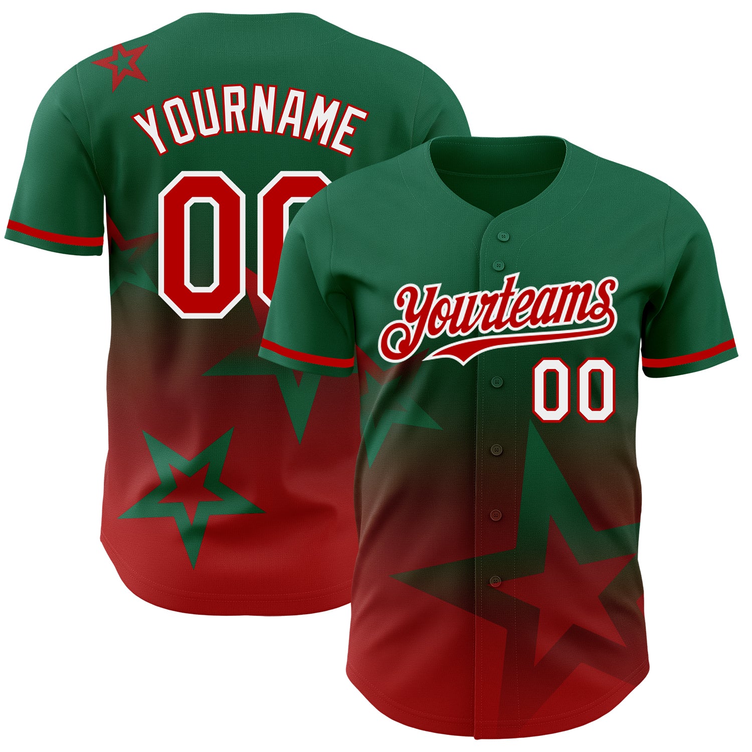 Custom Name and Number 3D Twinkle Star Baseball Jersey in Kelly Green Red-White Gradient Design Personalized Kelly Green