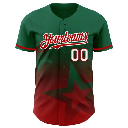 Custom Name and Number 3D Twinkle Star Baseball Jersey in Kelly Green Red-White Gradient Design Personalized Kelly Green