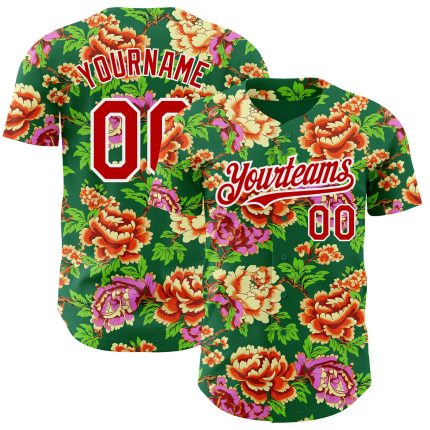 Custom Name and Number Baseball Jersey with 3D Flower Pattern in Kelly Green, Red & White - Authentic Northeast China Personalized