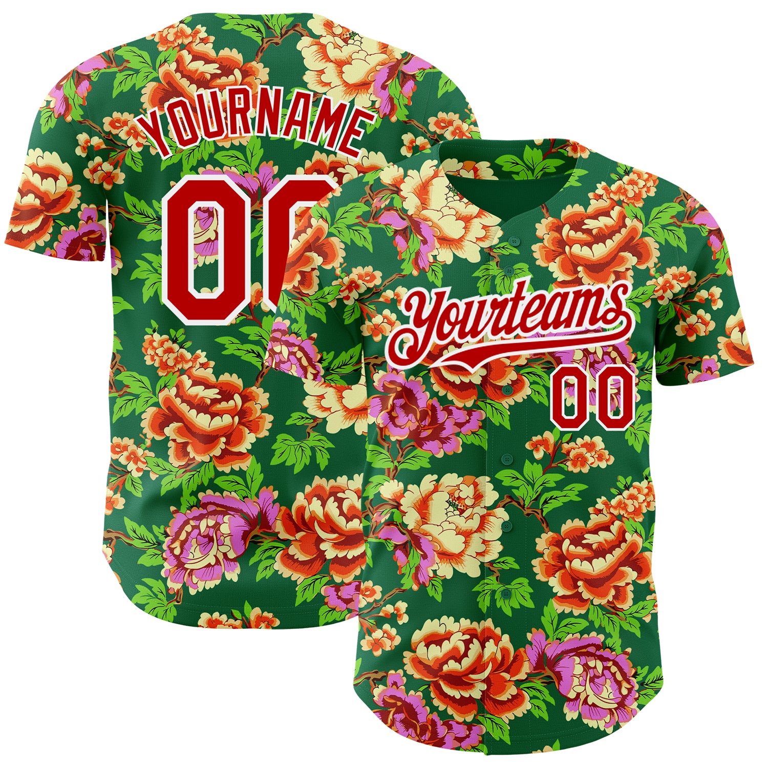 Custom Name and Number Baseball Jersey with 3D Flower Pattern in Kelly Green, Red & White - Authentic Northeast China Personalized