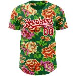 Custom Name and Number Baseball Jersey with 3D Flower Pattern in Kelly Green, Red & White - Authentic Northeast China Personalized
