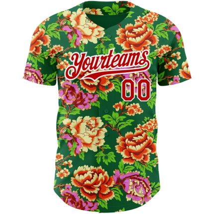 Custom Name and Number Baseball Jersey with 3D Flower Pattern in Kelly Green, Red & White - Authentic Northeast China Personalized