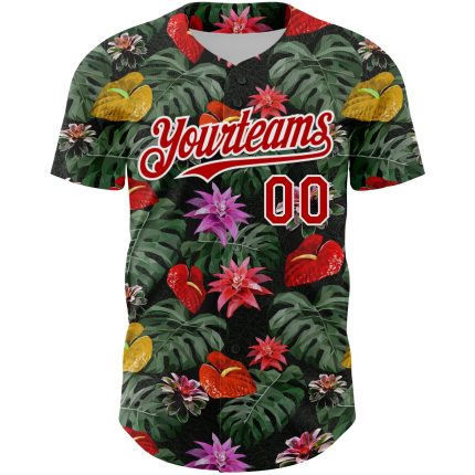 Personalized Tropical Anthurium Flower 3D Pattern Baseball Jersey in Kelly Green Red-White Design Personalized Kelly Green
