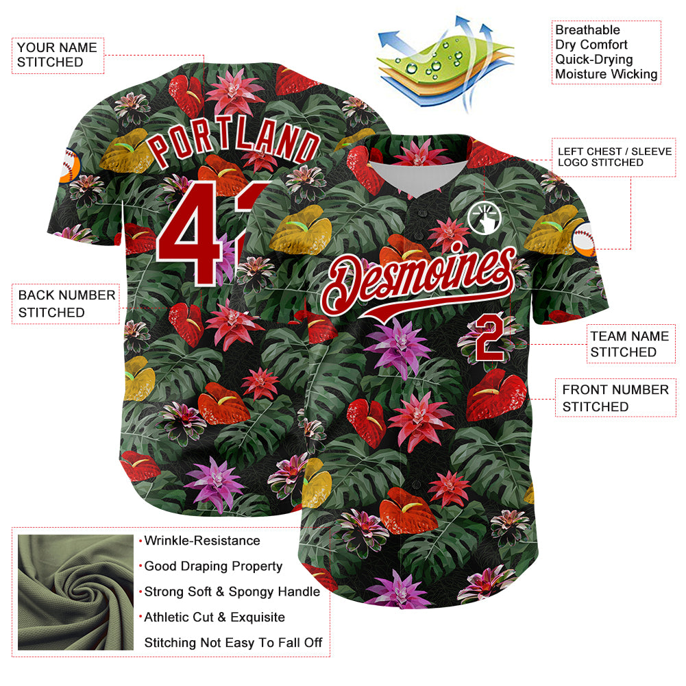 Personalized Kelly Green Red-White 3D Pattern Design Tropical Anthurium Flower Authentic Baseball Jersey Personalized Tropical Anthurium Flower 3D Pattern Baseball Jersey in Kelly Green Red-White Design Personalized Kelly Green - Image 3
