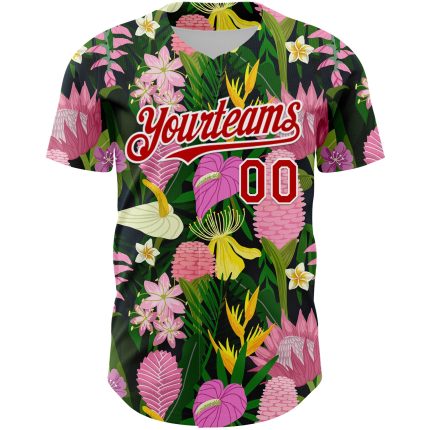 Custom Tropical Anthurium Flower Baseball Jersey - Personalized Kelly Green Red-White 3D Pattern with Name and Number Personalized