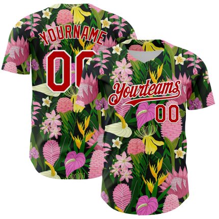Custom Tropical Anthurium Flower Baseball Jersey - Personalized Kelly Green Red-White 3D Pattern with Name and Number Personalized
