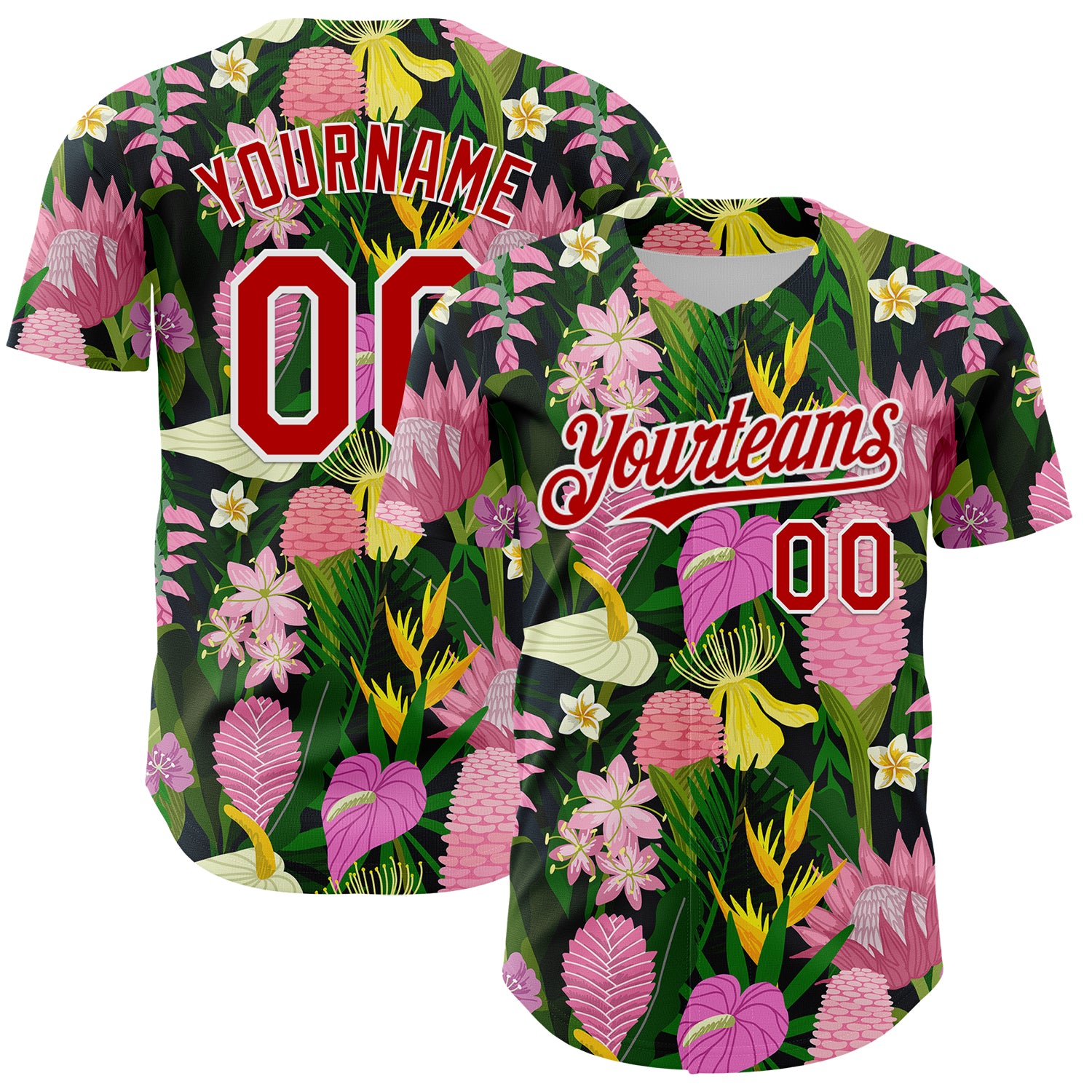 Custom Tropical Anthurium Flower Baseball Jersey - Personalized Kelly Green Red-White 3D Pattern with Name and Number Personalized