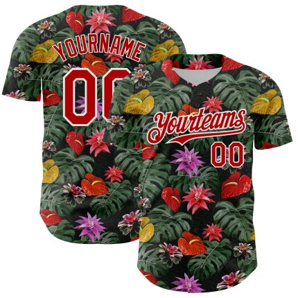Personalized Tropical Anthurium Flower 3D Pattern Baseball Jersey in Kelly Green Red-White Design Personalized Kelly Green