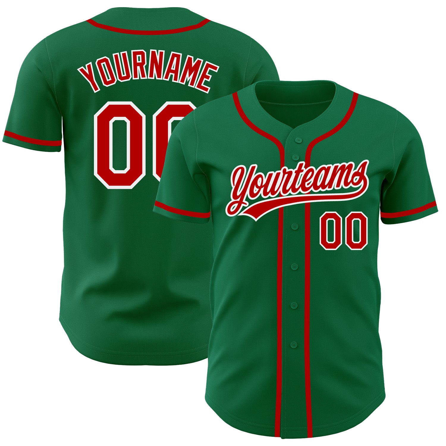 Personalized Authentic Baseball Jersey in Kelly Green with Red-White Accents Personalized Kelly Green Red-White Authentic