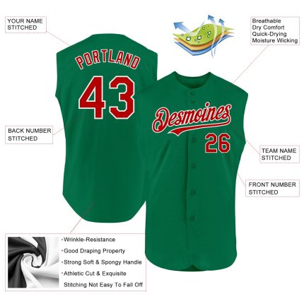 Custom Name Number Authentic Sleeveless Baseball Jersey in Kelly Green Red-White - Personalized Team Apparel Personalized