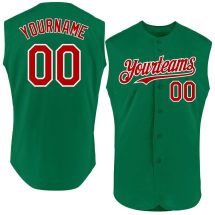 Custom Name Number Authentic Sleeveless Baseball Jersey in Kelly Green Red-White - Personalized Team Apparel Personalized