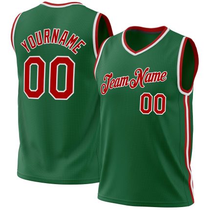 Personalized Authentic Throwback Basketball Jersey in Kelly Green Red-White Personalized Kelly Green Red-White Authentic