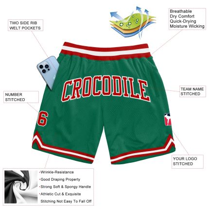 Custom Name and Number Authentic Throwback Basketball Shorts - Personalized Kelly Green Red-White Design Personalized Kelly