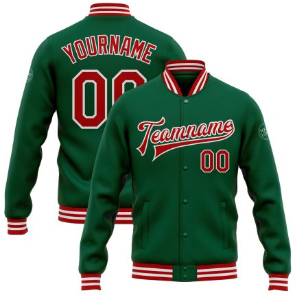 Custom Team Name and Number Kelly Green Red-White Varsity Letterman Bomber Full-Snap Jacket Personalized Kelly Green Red-White