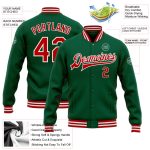 Custom Team Name and Number Kelly Green Red-White Varsity Letterman Bomber Full-Snap Jacket Personalized Kelly Green Red-White