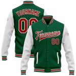 Personalized Two Tone Kelly Green Red-White Varsity Letterman Bomber Jacket Full-Snap Personalized Kelly Green Red-White