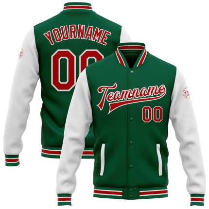 Personalized Two Tone Kelly Green Red-White Varsity Letterman Bomber Jacket Full-Snap Personalized Kelly Green Red-White