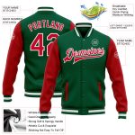 Custom Name and Number Two Tone Bomber Varsity Jacket in Kelly Green Red-White - Personalized Full-Snap Letterman Jacket