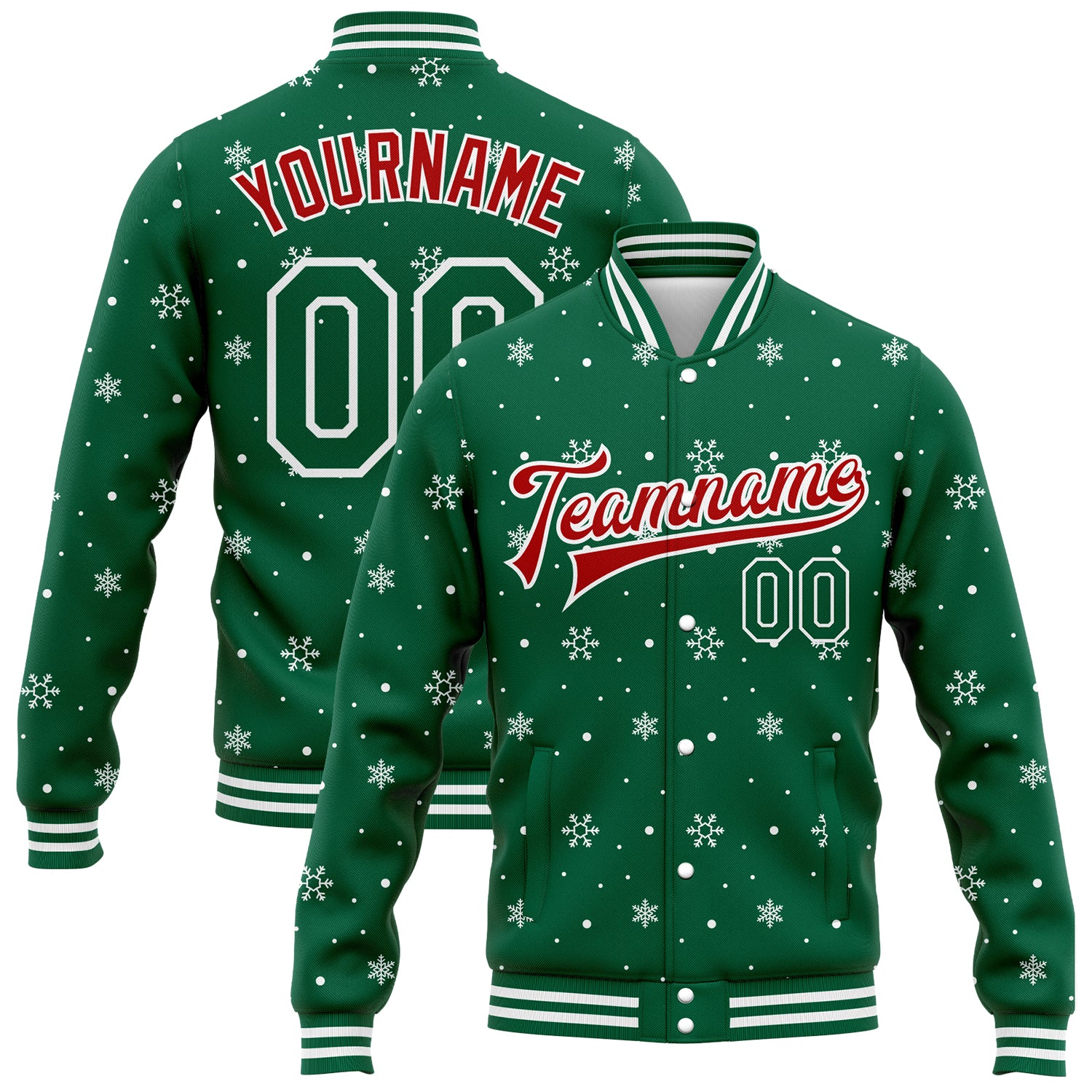 Custom Team Name Number 3D Varsity Letterman Jacket - Personalized Kelly Green Red-White Bomber Full-Snap Personalized Kelly
