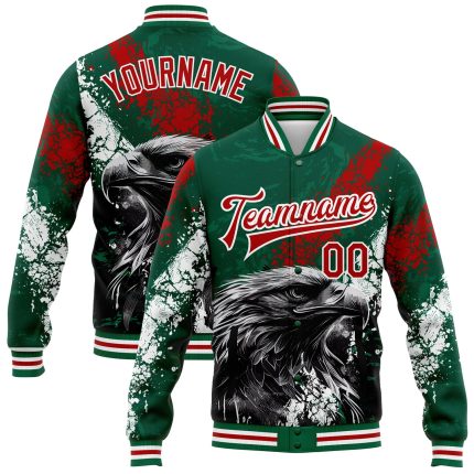 Custom Team Name and Number 3D Bomber Varsity Letterman Jacket - Kelly Green Red White Eagle Mexico Personalized Kelly Green