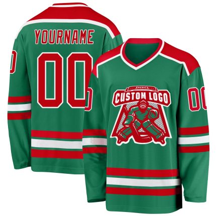 Custom Team Hockey Jersey - Personalized Kelly Green Red-White with Name & Number Personalized Kelly Green Red-White Hockey