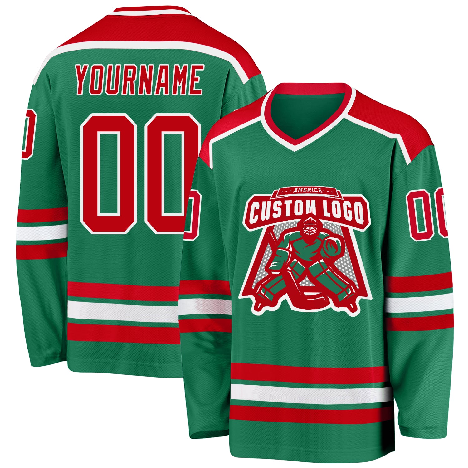 Custom Team Hockey Jersey - Personalized Kelly Green Red-White with Name & Number Personalized Kelly Green Red-White Hockey