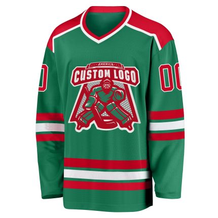 Custom Team Hockey Jersey - Personalized Kelly Green Red-White with Name & Number Personalized Kelly Green Red-White Hockey