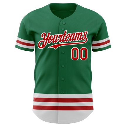 Custom Name and Number Kelly Green Baseball Jersey with Red-White Line - Authentic Team Apparel Personalized Kelly Green