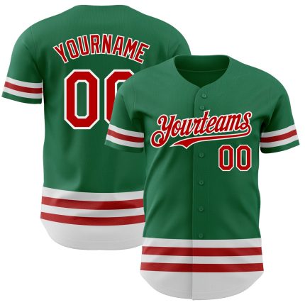 Custom Name and Number Kelly Green Baseball Jersey with Red-White Line - Authentic Team Apparel Personalized Kelly Green