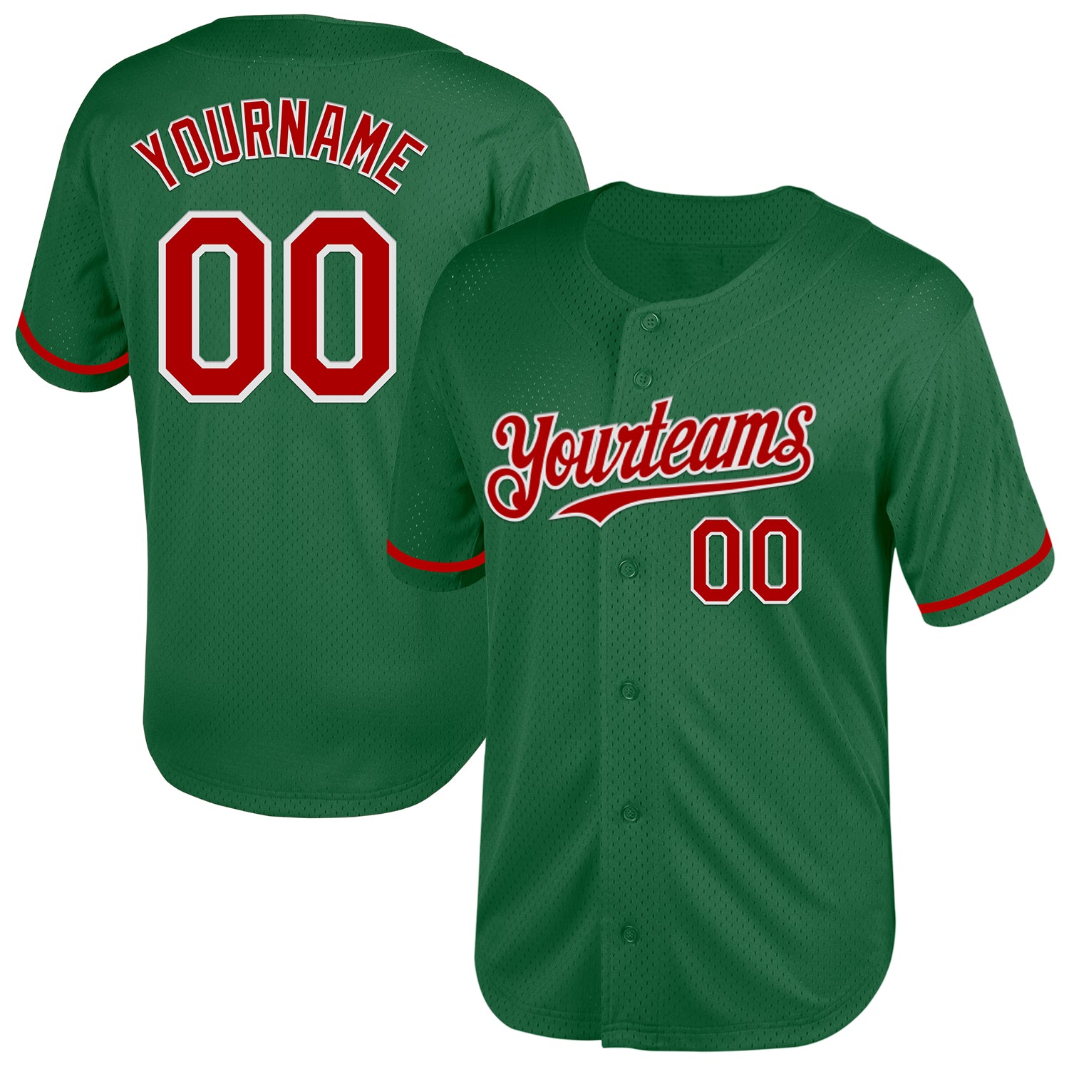 Custom Personalized Baseball Jersey in Kelly Green with Red-White Mesh, Team Name and Number, Authentic Throwback Style Personalized