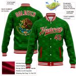 Custom Name Number 3D Mexico Varsity Letterman Jacket Kelly Green Red-White Full-Snap Bomber Personalized Kelly Green Red-White