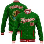 Custom Name Number 3D Mexico Varsity Letterman Jacket Kelly Green Red-White Full-Snap Bomber Personalized Kelly Green Red-White