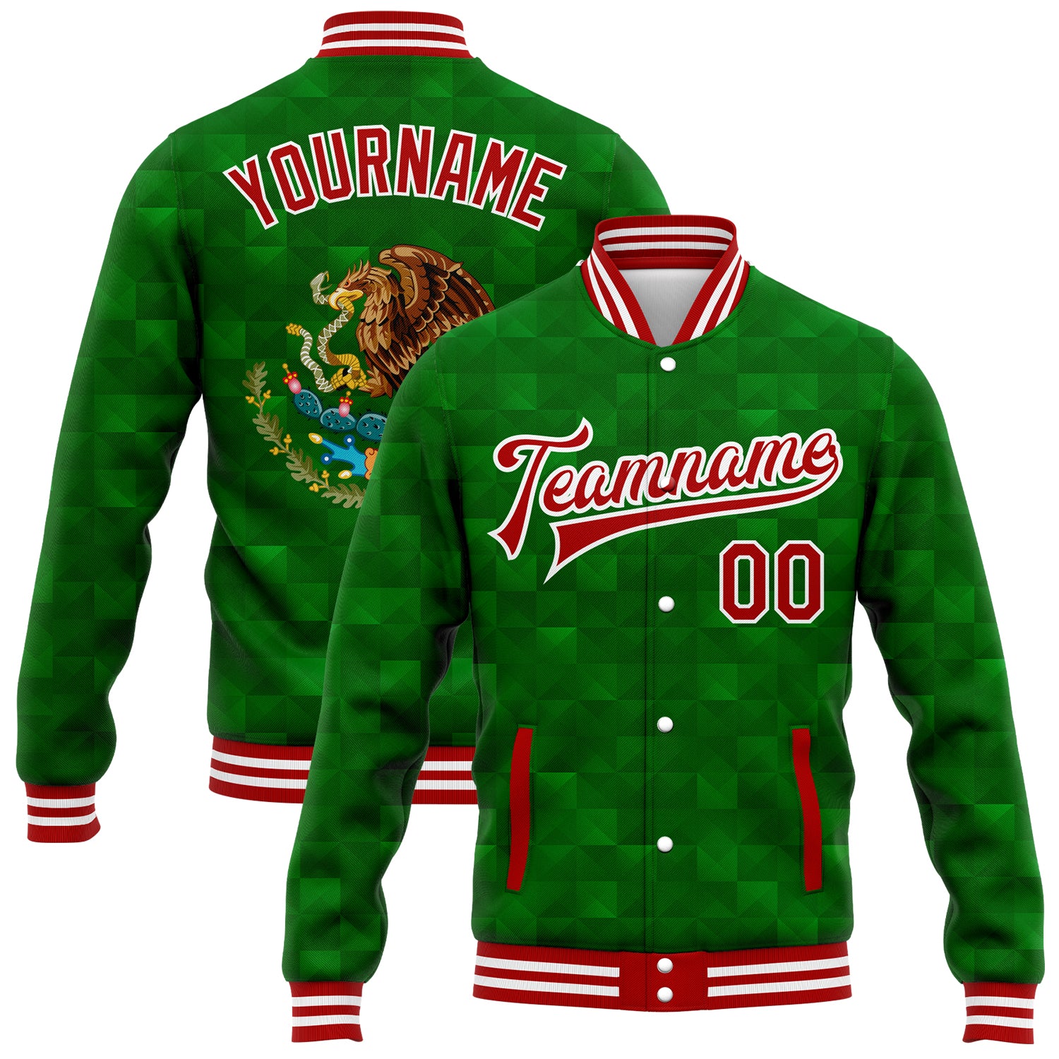 Custom Name Number 3D Mexico Varsity Letterman Jacket Kelly Green Red-White Full-Snap Bomber Personalized Kelly Green Red-White