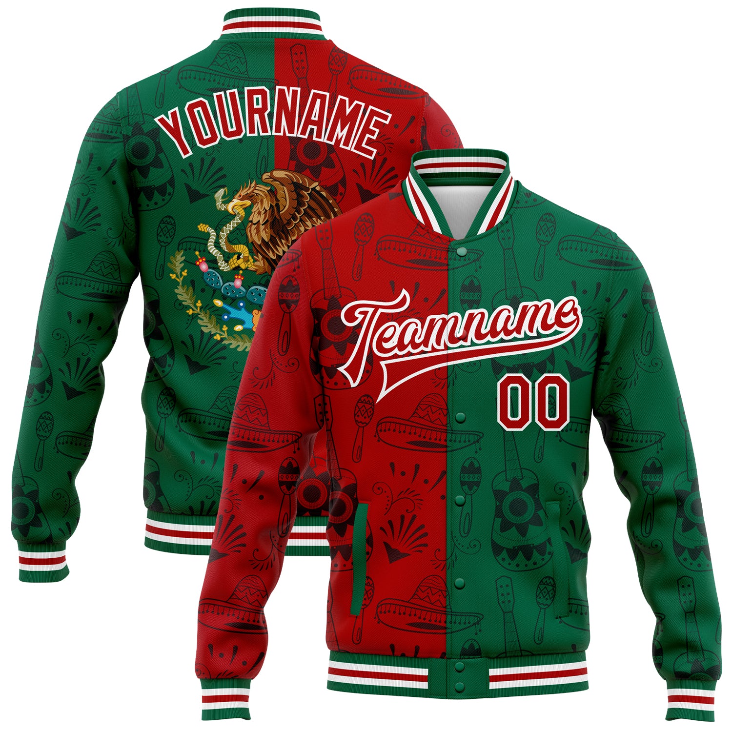 Personalized Mexico 3D Bomber Varsity Letterman Jacket in Kelly Green Red-White Personalized Kelly Green Red-White Mexico