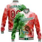 Custom Name and Number Mexico Bomber Jacket with Red-White Watercolor Splashes, Kelly Green, 3D Varsity Letterman Design