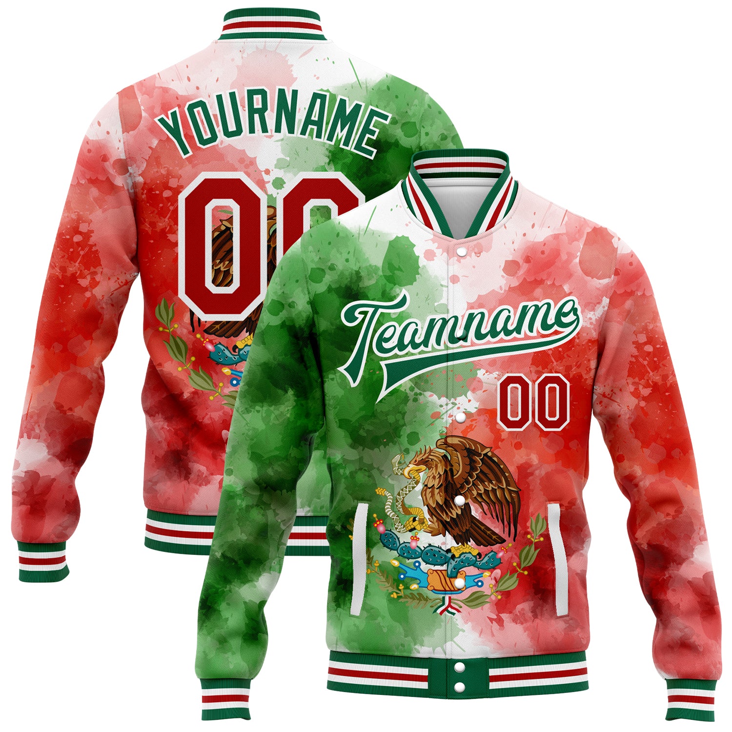 Custom Name and Number Mexico Bomber Jacket with Red-White Watercolor Splashes, Kelly Green, 3D Varsity Letterman Design