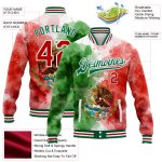 Custom Name and Number Mexico Bomber Jacket with Red-White Watercolor Splashes, Kelly Green, 3D Varsity Letterman Design