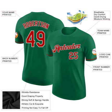 Custom Team Name and Number Performance T-Shirt in Kelly Green Red and White Personalized Kelly Green Red-White Performance