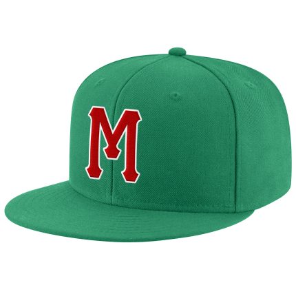 Custom Name Number Adjustable Snapback Hat - Personalized Kelly Green Red White Stitched Cap Personalized Kelly Green Red-White