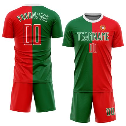Custom Portuguese Flag Soccer Jersey Personalized Name Number - Kelly Green Red-White Sublimation Team Uniform Personalized