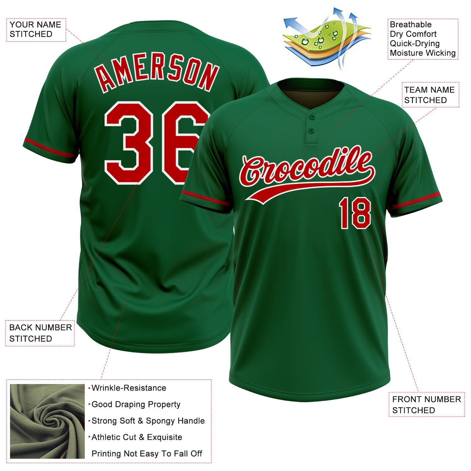 Personalized Kelly Green Red-White Two-Button Unisex Softball Jersey Personalized Unisex Softball Jersey in Kelly Green with Red and White Two-Button Design Personalized Kelly Green Red-White - Image 3