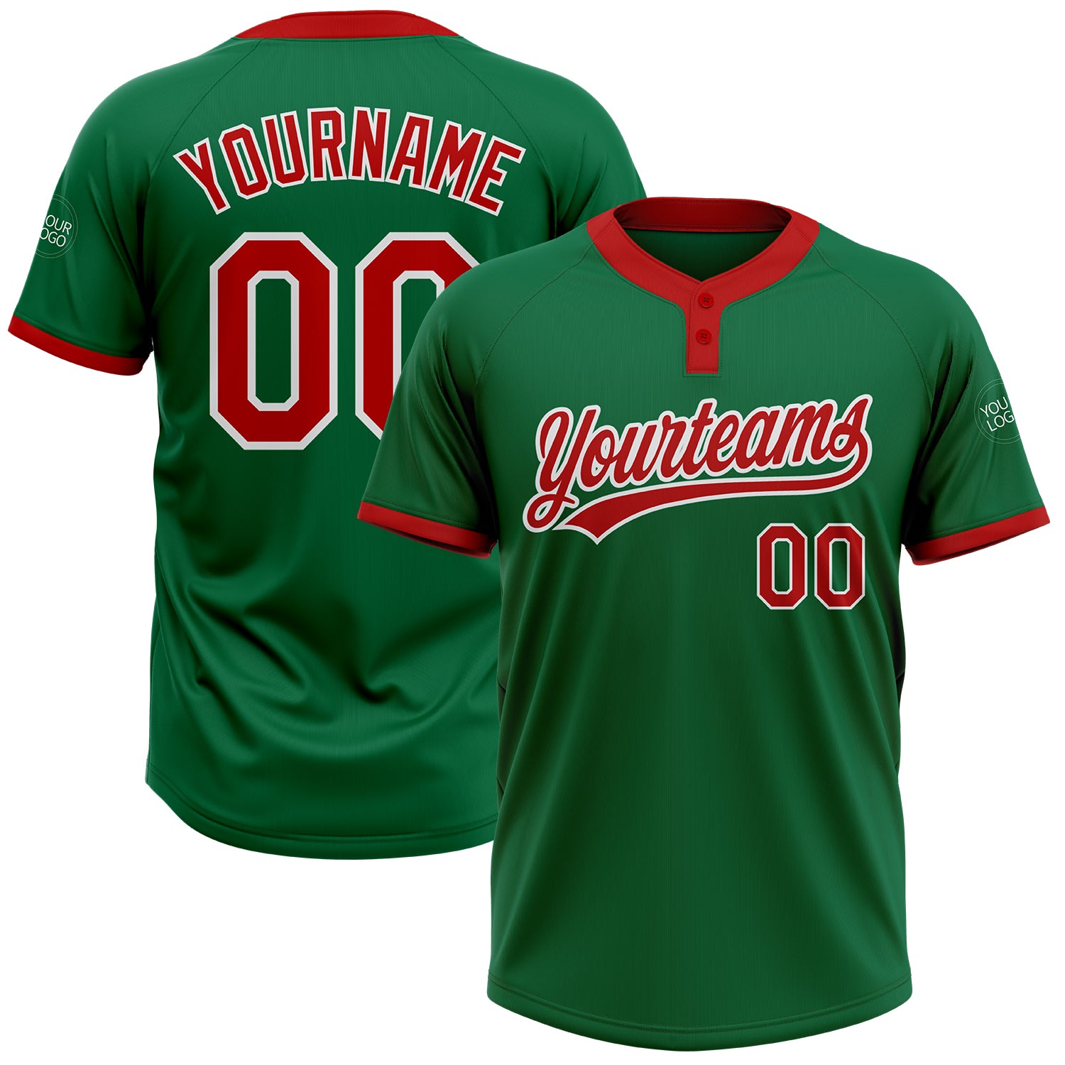 Custom Name Number Softball Jersey Two-Button Unisex in Kelly Green Red-White | Personalized Team Apparel Personalized Kelly