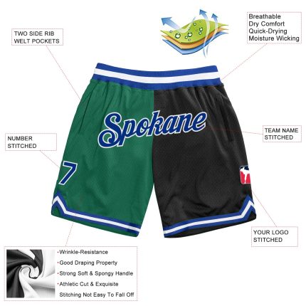 Custom Name Number Basketball Shorts - Authentic Throwback Split in Kelly Green Royal Black - Personalized Fashion Design