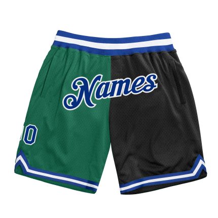 Custom Name Number Basketball Shorts - Authentic Throwback Split in Kelly Green Royal Black - Personalized Fashion Design